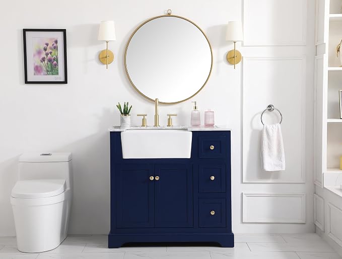 36" Pre-Assembled Bathroom Vanity with Sink, Solid Birch and MDF, Carrara White Marble Countertop Attached, Single Rectangle Porcelain Sink, 3 Soft-Close Drawers, Blue