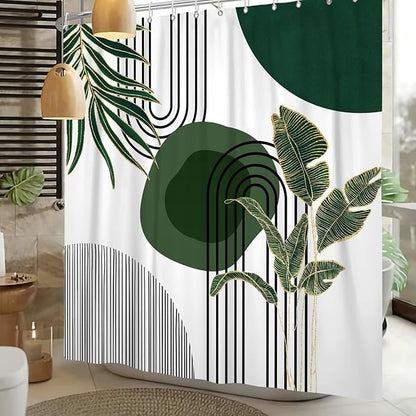 Mid Century Green Shower Curtain for Bathroom Boho Modern Abstract Plant Tropical Leaves Bathroom Curtain Set Geometric Arch Minimalist Waterproof Fabric Bath Decor 72x72 inch