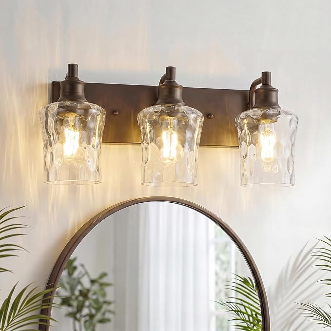Bathroom Light Fixtures Farmhouse Oil Rubbed Bronze Vanity Lights for Bathroom Lighting Fixtures Over Mirror with Hammered Glass Lampshade for Cabinet Mirror Bedroom Hallway 3 Light