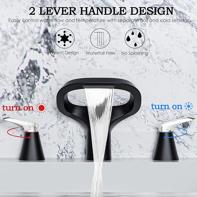 Black Bathroom Faucets for Sink 3 Hole, 8 Inch Modern Bathroom Faucet with Adjustable Spout, Solid Brass Widespread Sink Faucet with Water Supply Hoses, 2 Chrome Handles