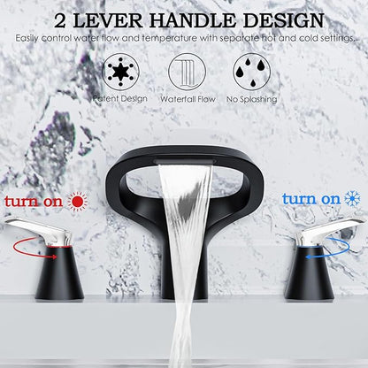 Black Bathroom Faucets for Sink 3 Hole, 8 Inch Modern Bathroom Faucet with Adjustable Spout, Solid Brass Widespread Sink Faucet with Water Supply Hoses, 2 Chrome Handles