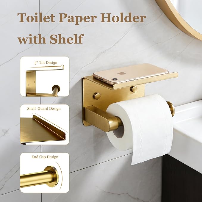 5-Pieces Wall Mount Bathroom Hardware Set,22in Brushed Gold Towel Bar Set | Stainless Steel Waterproof Bathroom Accessories Set, Toilet Paper Holder with Shelf,Towel Ring,Coat Hook,Round
