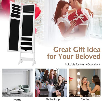 MAT EXPERT Jewelry Armoire Cabinet w/Full-Length Mirror, Jewelry Organizer Standing Mirror w/ 4 Shelves, 3 Adjustable Tilt Angles, Anti-toppling Device, Jewelry Cabinet for Bedroom, Living Room, White