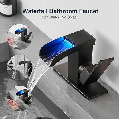 Matte Black LED Waterfall Bathroom Faucet, Single Hole Bathroom Sink Faucet, 3 Colors Light Changing Single Handle Vanity Faucets with cUPC Supply Lines, Stainless Steel