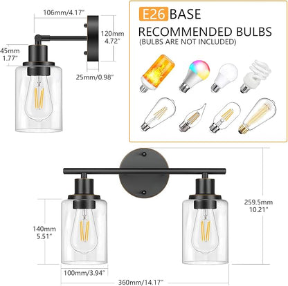 Bathroom Light Fixtures, 2 Light Vanity Light, Wall Sconces Lighting | Modern Bath Wall Mounted Light with Glass Shade, Porch Wall Lamp for Mirror, Living Room, Bedroom, Hallway, Oil Rubbed Bronze