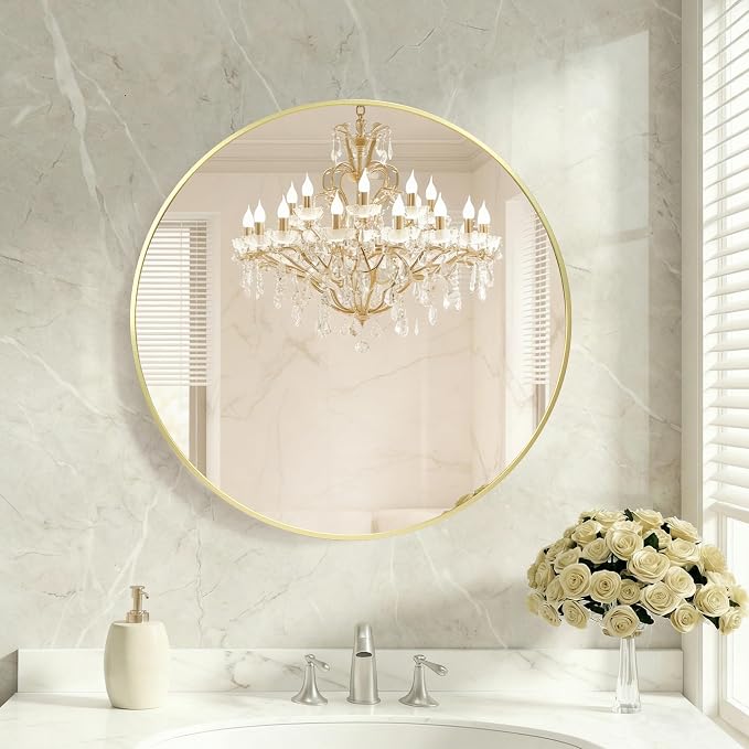 DUMOS 20 Inch Round Wall Mirror, Bathroom Mirror, Gold | Metal Frame, HD Reflection Shatterproof Glass Vanity, Decor for Bathroom Vanity Bedroom Entryway