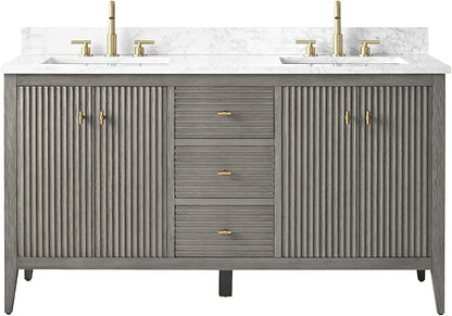 HOMEBEYOND 60" Bathroom Vanity with Double Sink, Solid Wood Bathroom Vanity Free-Standing Cabinet, Ceramic Top & Soft Closing Door, Golden Brushed Handware, Driftwood Gray