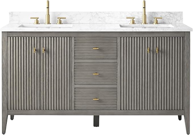 Vanity Art 60 inch Bathroom Vanity with Double Sink & Ceramic Top, Vanity Cabinet with Soft-Closing Door, Solid Wood Frame, Linear Pattern, Driftwood Gray, Golden Brushed Handware VA91360-DDG-GB