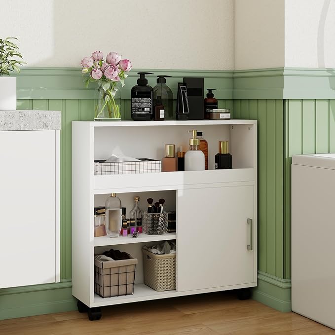 Slim Bathroom Storage Cabinet, Narrow Bathroom Storage Cabinet, Bathroom Floor Cabinet with Sliding Door and Adjustable Shelf for Small Spaces, Living Room, Kitchen, White