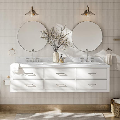 ARIEL Hutton 72-inch Bathroom Vanity with Sink,Solid Wood, 1.5-inch Carrara White Quartz Countertop & Backsplash, Double Rectangular Porcelain Sink, 3 Dovetail Drawers, White