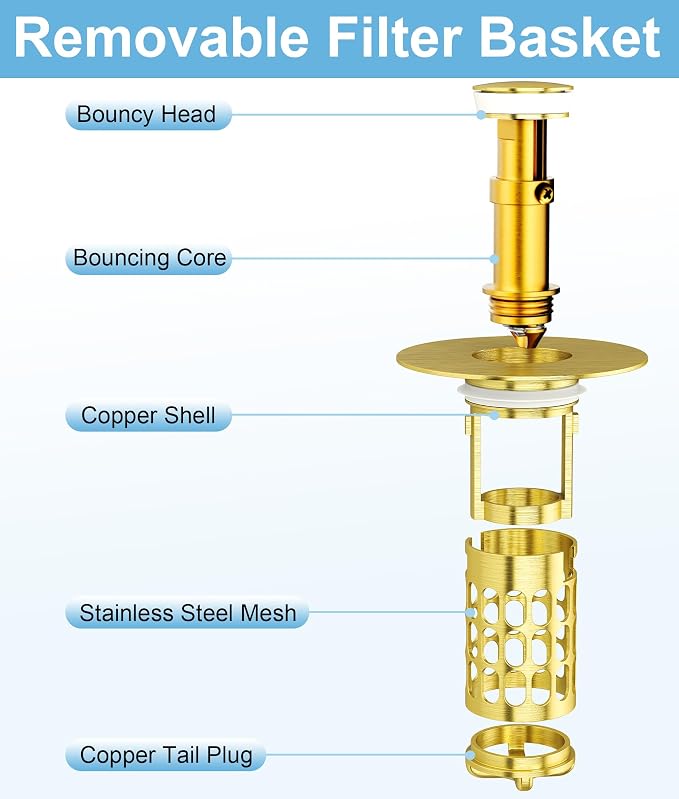QYHNYJF Upgraded Bathroom Sink Stopper with Hair Catcher - Universal Pop-Up Drain Plug, Stainless Steel & Silicone Seal for 1.1-1.5 Inch Drains, Gold Matte Brushed Finish (Gold Matte Brushed)