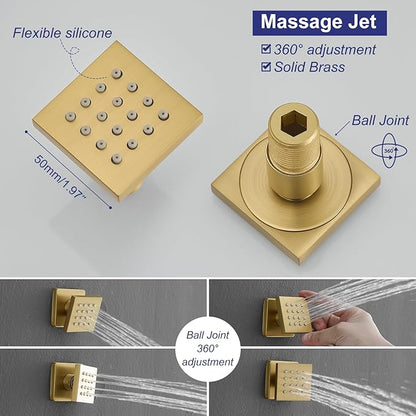 RUMOSE Rainfall Shower System with 4 Body Jets Wall Mounted 4 Mode Shower Faucet Set with 12 Inch Rain Shower Head and 2 in 1 Handheld Spray, Brushed Gold Brass Shower Fixtures, Rough-in Valve