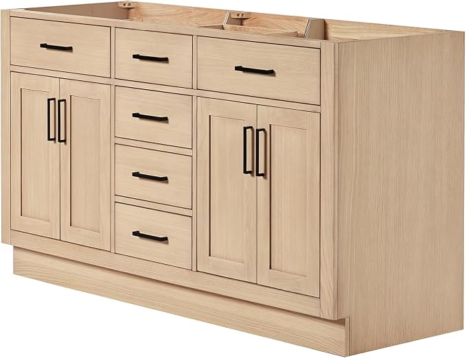 ARIEL Hepburn 60-inch Bathroom Vanity Base Cabinet,Solid Wood, 4 Soft Closing Doors, 6 Dovetail Drawers, White Oak