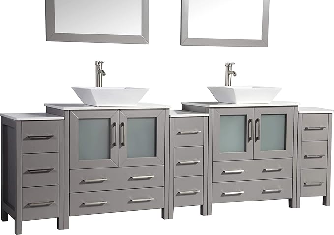 Vanity Art 96 Inch Vessel Double Sink Bathroom Vanity Cabinet with 2 Mirrors, Engineered Marble Top Bathroom Cabinet Compact Set with 13 Dovetail Drawers and Soft Closing Doors, VA3130-96-G