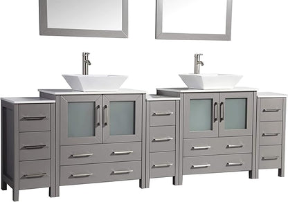 Vanity Art 96 Inch Vessel Double Sink Bathroom Vanity Cabinet with 2 Mirrors, Engineered Marble Top Bathroom Cabinet Compact Set with 13 Dovetail Drawers and Soft Closing Doors, VA3130-96-G