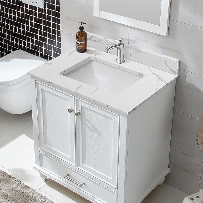 30 in.W x 22 in.D Quartz Calacatta River Vanity Top,with Undermount Middle Sink Vanity Top,with One Sidesplash & One Backsplash,Single Faucet Hole Spread Bathroom Vanity Sink Countertop