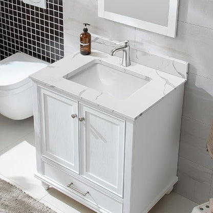30 in.W x 22 in.D Quartz Calacatta River Vanity Top,with Undermount Middle Sink Vanity Top,with One Sidesplash & One Backsplash,Single Faucet Hole Spread Bathroom Vanity Sink Countertop
