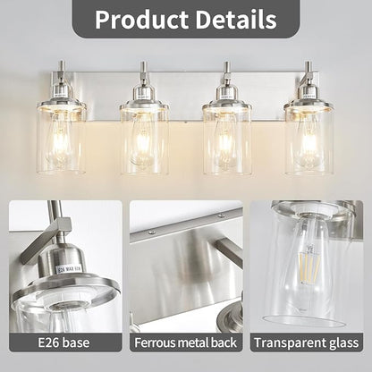 4-Light Brushed Nickel Bathroom Light Fixture Over Mirror Modern Bathroom Vanity Light Vintage Wall Lighting with Clear Glass Shade for Bathroom, Bedroom, Hallway, Cabinet
