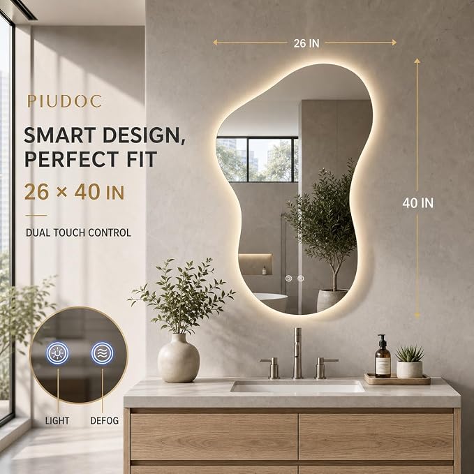 Irregular Led Bathroom Mirror with Lights 23x36 Inch, Backlit Asymmetrical Led Bathroom Mirror for Wall, Lighted Vanity Mirror with Lights, Anti-Fog, Dimmable 3 Colors, Shatter-Resistant