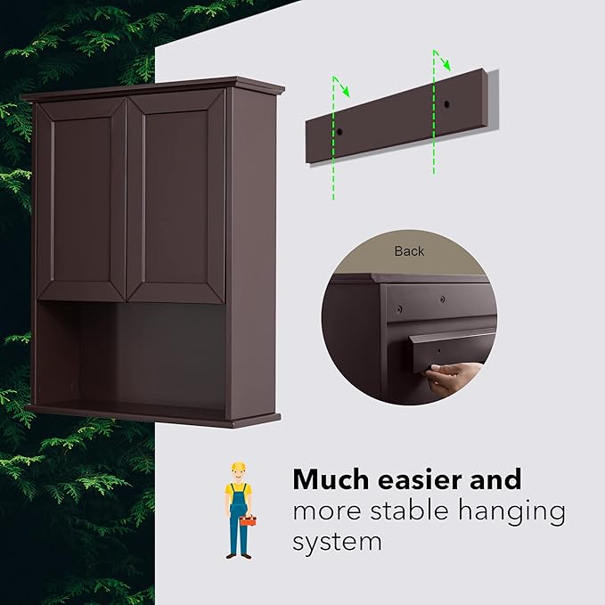 Dark Brown Bathroom Wall Cabinet Mounted Wooden Medicine Cabinets Espresso Over Toilet Storage Cabinet, 23x29 Inch Hanging Bathroom Wall Cabinet with 2 Doors & Adjustable Shelf, Soft Hinge
