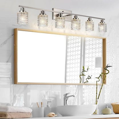 MELUCEE 6 Lights Bathroom Lighting Fixtures Over Mirror Brushed Nickel | Vanity Light with Hammered Glass Shade Indoor Wall Mounted Lamp for Bathroom Bedroom Kitchen
