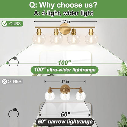 4-Light Bathroom Light Fixtures,Gold Modern Vanity Lights Over Mirror with Clear Glass Globe Shade, Bathroom Wall Sconces for Mirror Kitchen Living Room Hallway Cabinet Bedroom Porch