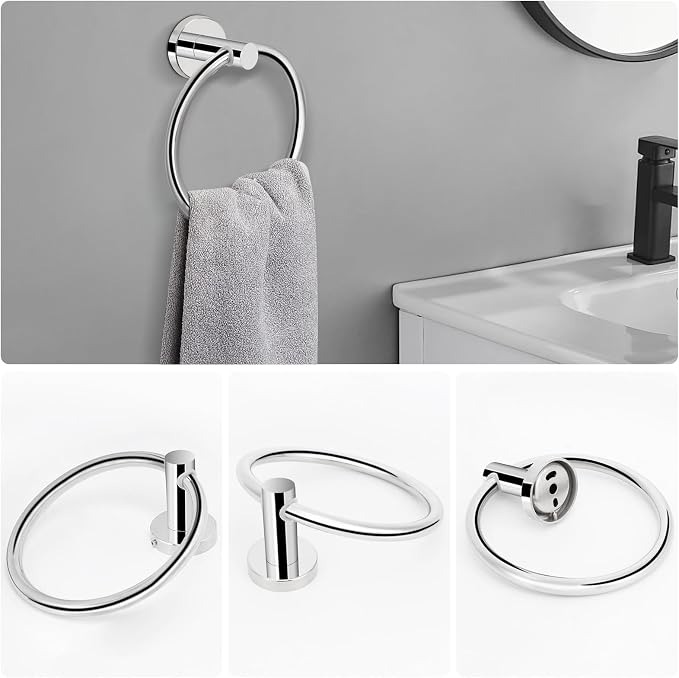 NearMoon 5 Pieces Bathroom Hardware Set SUS304 Thicken Stainless Steel-Towel Rack Kit Include 24" Towel Rod + Bath Towel Ring + Toilet Paper Holder + Robe Towel Hooks Bath Accessories (Chrome Finish)