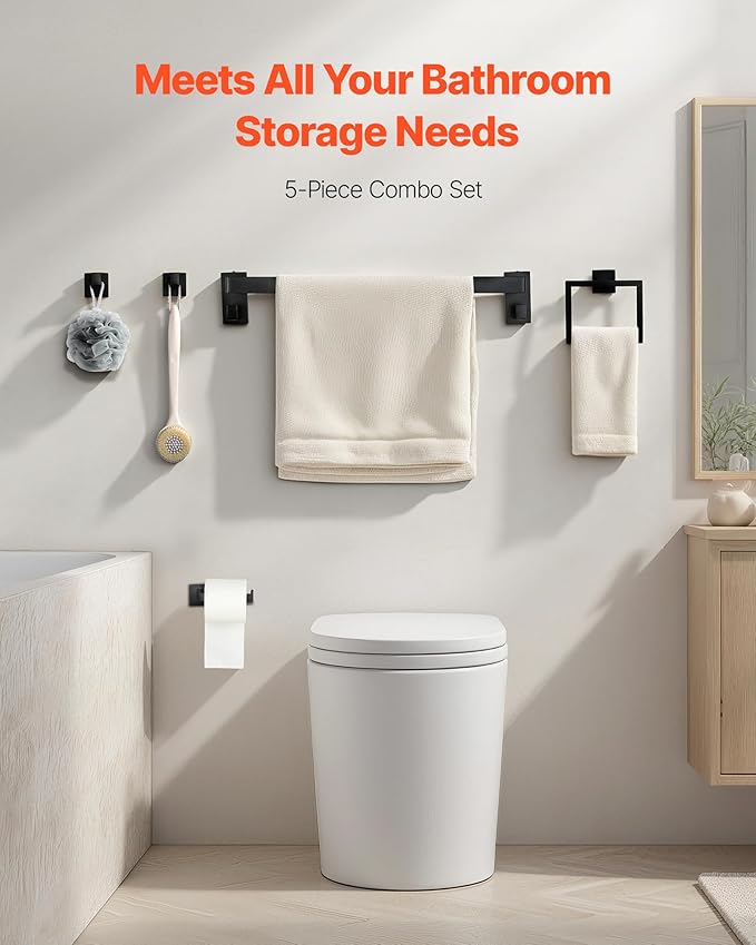 VEVOR Matte Black Bathroom Hardware Set, 5 Pieces Stainless Steel Bathroom Accessories Set, 24-inch Towel Bar, Towel Rack, 2 Robe Towel Hooks, Toilet Paper Holder, for Bath Room, Wall Mounted
