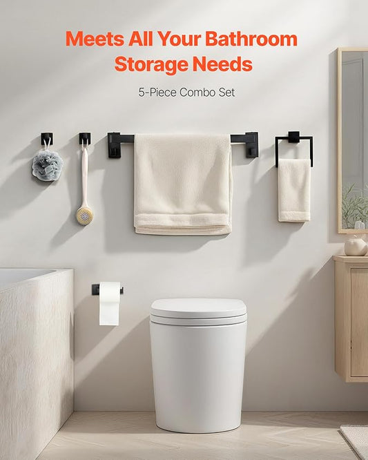 VEVOR Matte Black Bathroom Hardware Set, 5 Pieces Stainless Steel Bathroom Accessories Set, 24-inch Towel Bar, Towel Rack, 2 Robe Towel Hooks, Toilet Paper Holder, for Bath Room, Wall Mounted