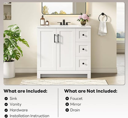 LIKIMIO 36" Bathroom Vanity with Sink, 2 Soft-Close Drawers & Doors, White | Freestanding Bathroom Vanity, Integrated Rectangular Ceramic Sink, Modern Bathroom Storage Cabinet, Assembly Required
