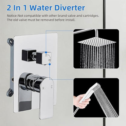 Shower Faucet Set With 8" Shower Head And Handheld Chrome | Wall Mounted Shower System Valve Include 2 Function