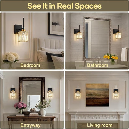 [Hardwired] Bathroom Wall Sconces Set of Two Bathroom Light Fixtures | Hardwired, Premium Crystal, Black and Gold Superior Durable Metal, Wall Lights for Living Room Bathroom Hallway Bedroom