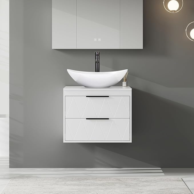 eclife 24" Floating Bathroom Vanities with Sink Combo, Wall Mounted Modern Cabinet W/Diamond Line Pattern Design, White Boat Ceramic Vessel Sink W/Water Save Faucet & Pop Up Drain, White