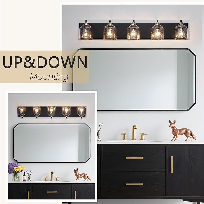 Vanity Lights for Bathroom Large 40", Farmhouse Rustic Vanity Light with Bubble Glass Shades, Black and Gold 5 Light Bathroom Lighting Fixtures Over Mirror, Bath Wall Sconce Home Decor
