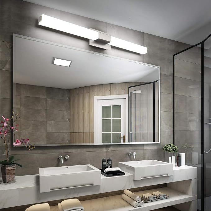 Bathroom Vanity Lighting fixtures 39.4" LED Satin Nickel Steel Frosted White Acrylic Shade Cool White Light 6000K for Bathroom