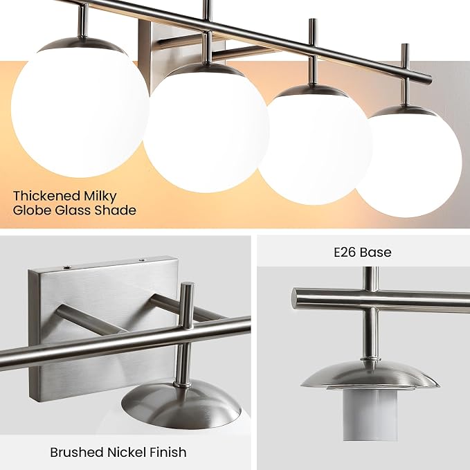 AIJIASI Bathroom Vanity Light, 4-Light Brushed Nickel Vanity Lights, 30.7 Inch Modern Bathroom Light Fixtures with Milky White Glass Globe Shade, Vanity Lighting Fixtures Over Mirror Wall Sconce