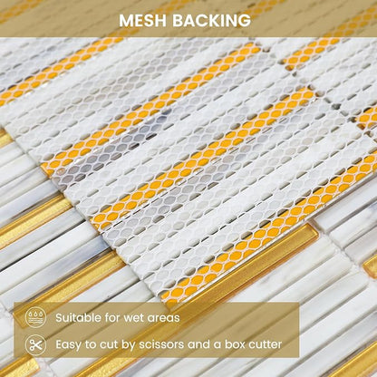 Glass Backsplash Mosaic Tile Gold White 5 sq.ft | Dazzling 12 x 12 Inch for Kitchen Backsplash Bathroom and Shower 5-Pack