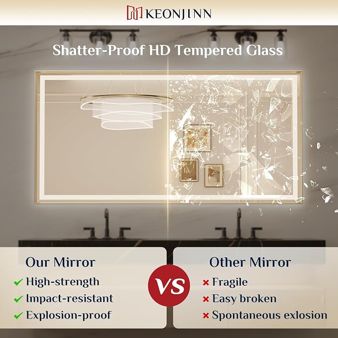 Keonjinn 24x32 Inch Gold LED Bathroom Mirror with Lights, HD Tempered Glass | Frontlit & Backlit, Lighted Bathroom Mirror, Beveled Edge , 3 Color Temperatures, Anti-fog, Stepless Dimmable