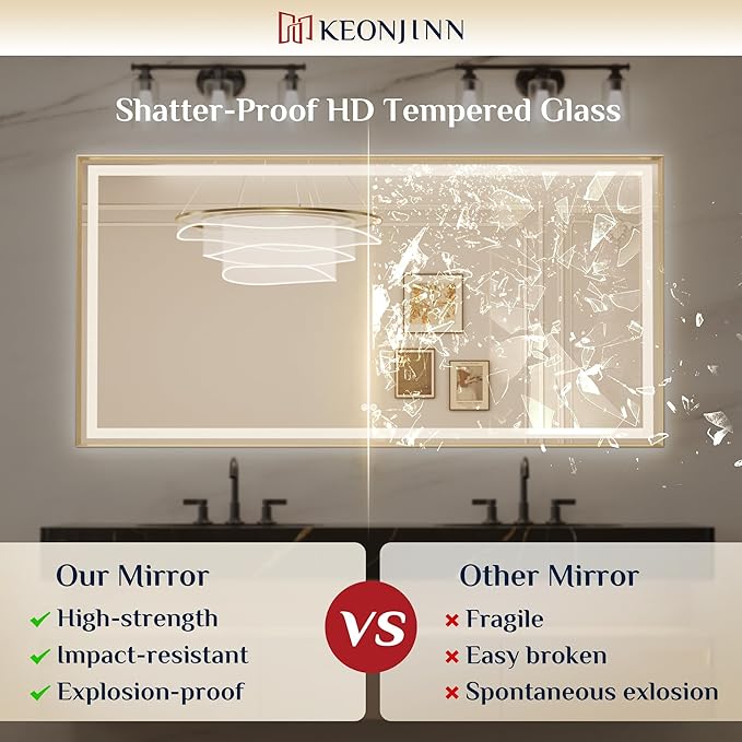 Keonjinn 40x30 Inch Gold LED Bathroom Mirror with Lights, Beveled Edge | Frontlit & Backlit, Lighted Bathroom Mirror, HD Tempered Glass, 3 Color Temperatures, Anti-fog, Stepless Dimmable