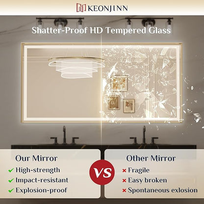 Keonjinn 72x36 Inch Gold LED Bathroom Mirror with Lights, HD Tempered Glass | Frontlit & Backlit, Large Lighted Bathroom Mirror, Beveled Edge, 3 Color Temperatures, Anti-fog, Stepless Dimmable