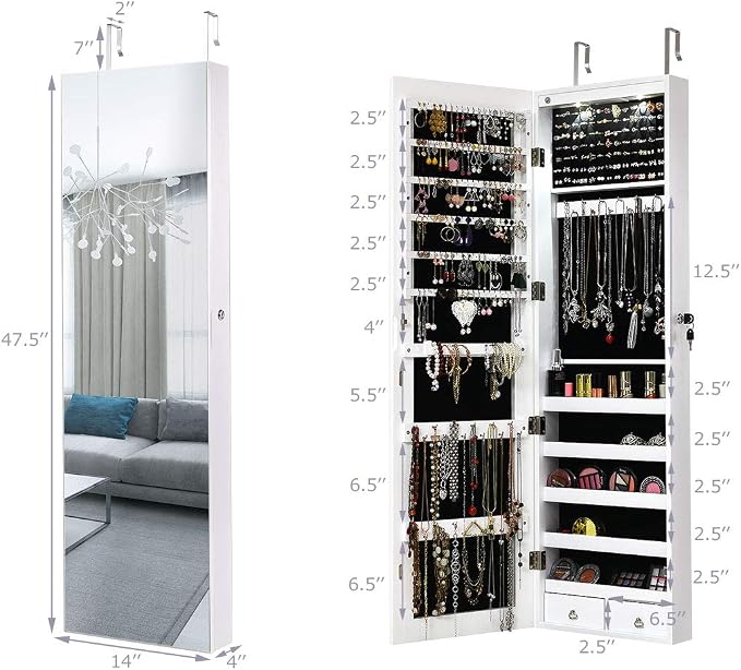 Giantex Wall Door Mounted Jewelry Armoire Cabinet with 47.5" Full Length Mirror, 2 LEDs Lockable Jewelry Organizers and Storage with 2 Drawers, Over the Door Jewelry Organizer Cabinet (White)