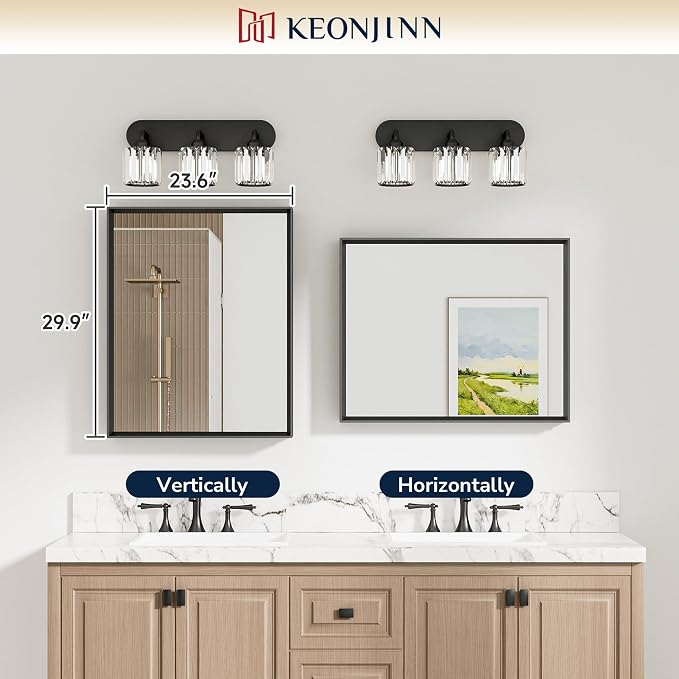 Keonjinn 24 x 30 Inch Black Bathroom Mirrors for Over Sink, Metal Framed | Anti Rust, Beveled Rectangle Framed Mirrors for Wall, Black Bathroom Vanity Mirror, Tempered Glass, Square Corner