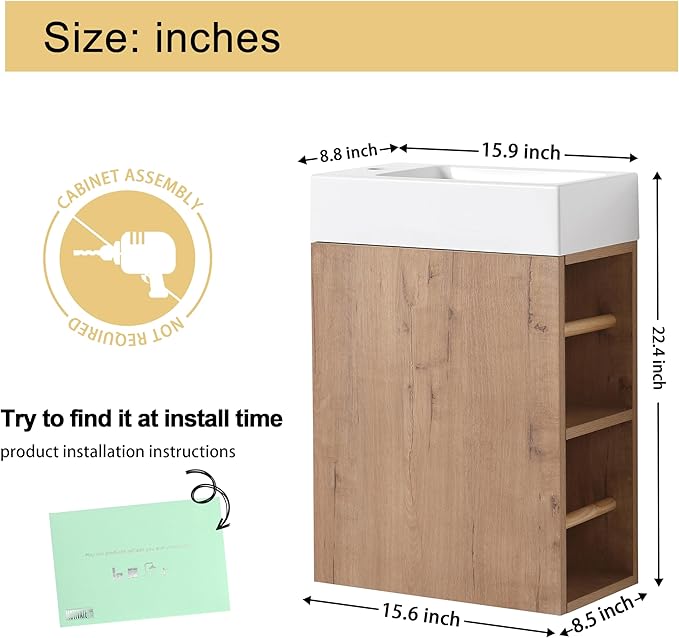 Malwee 16" Floating Bathroom Vanity with Sink, 16 Inch Single Sink Wall Mounted Bathroom Vanity, with 1 Door and White Resin Basin Top for Small Space, Plywood Cabinet Storage(050-16)