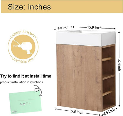 Malwee 16" Floating Bathroom Vanity with Sink, 16 Inch Single Sink Wall Mounted Bathroom Vanity, with 1 Door and White Resin Basin Top for Small Space, Plywood Cabinet Storage(050-16)