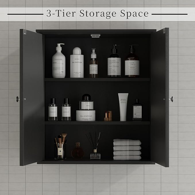 Shintenchi Bathroom Wall Medicine Cabinet, Over The Toilet Storage, Black | Bathroom Storage Organizer Cupboard, with 2 Magnet Door and 3-Tier Shelves, Space Saving, Easy to Assemble & Clean