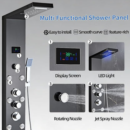 LED 5-in-1 Shower Panel Tower System,Brushed Black | 304 Stainless Steel Shower Panel Tower Column with Powerful Body Jets, Rainfall, Waterfall,Handheld and Tub Spout
