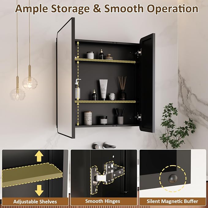 Medicine Cabinet Mirror 30x32 Inch, Black Bathroom Mirror Cabinet with Stepless Adjustable Shelves, Double Doors Metal Framed, Bathroom Mirror with Storage Recessed or Wall Mount
