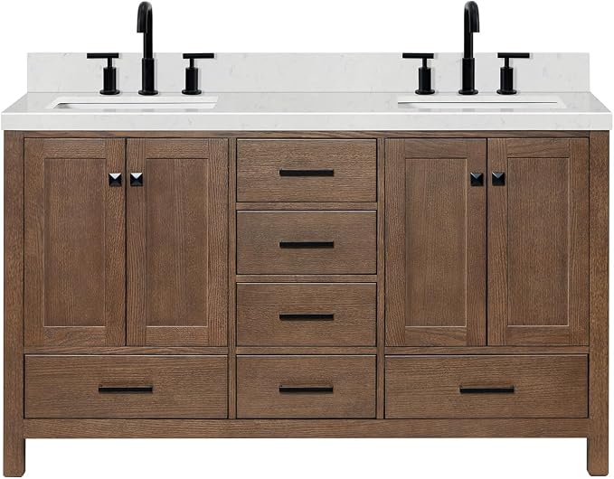 ARIEL Cambridge 60-inch Bathroom Vanity with Sink,Solid Wood, 1.5-inch Carrara White Quartz Countertop, Double Rectangular Porcelain Sink, 4 Soft Closing Doors, 6 Dovetail Drawers, Brown Oak
