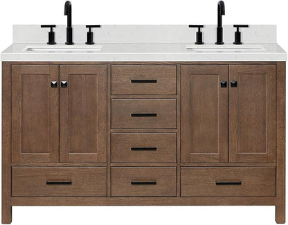 ARIEL Cambridge 60-inch Bathroom Vanity with Sink,Solid Wood, 1.5-inch Carrara White Quartz Countertop, Double Rectangular Porcelain Sink, 4 Soft Closing Doors, 6 Dovetail Drawers, Brown Oak