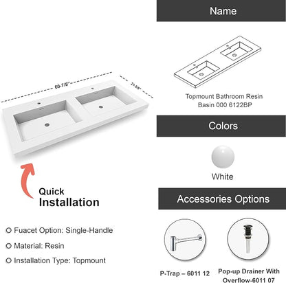 Dowell 61" Bathroom Sink,Double Bowl Vanity Basin,Rectangular Drop-In Bathroom Sink with Overflow,White-000 6122BP